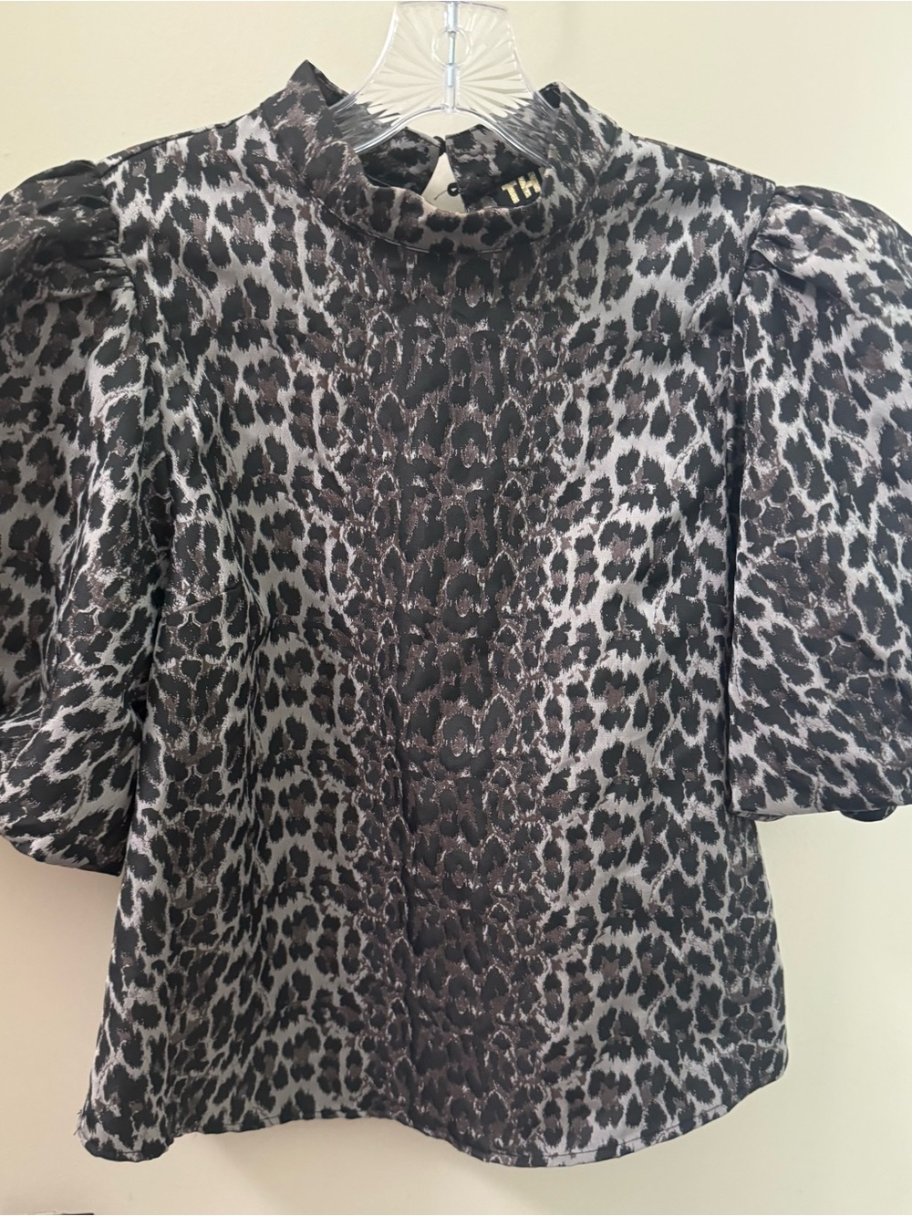 THML Black and Gray Leopard Puff Sleeve Mock Neck Blouse